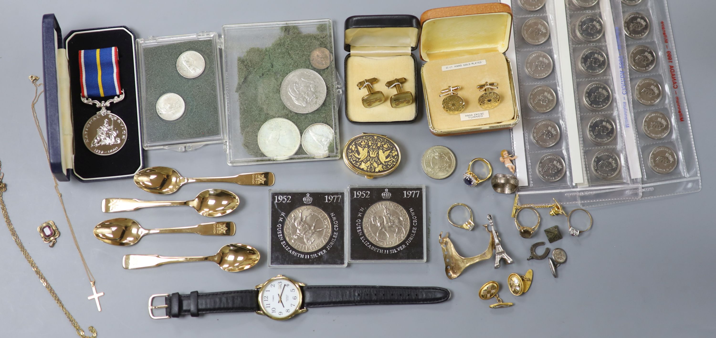 A 9ct and paste set ring, a 9ct gold aeroplane stud, 10kt cross pendant necklace and a quantity of other jewellery, watch, coins etc. including costume.